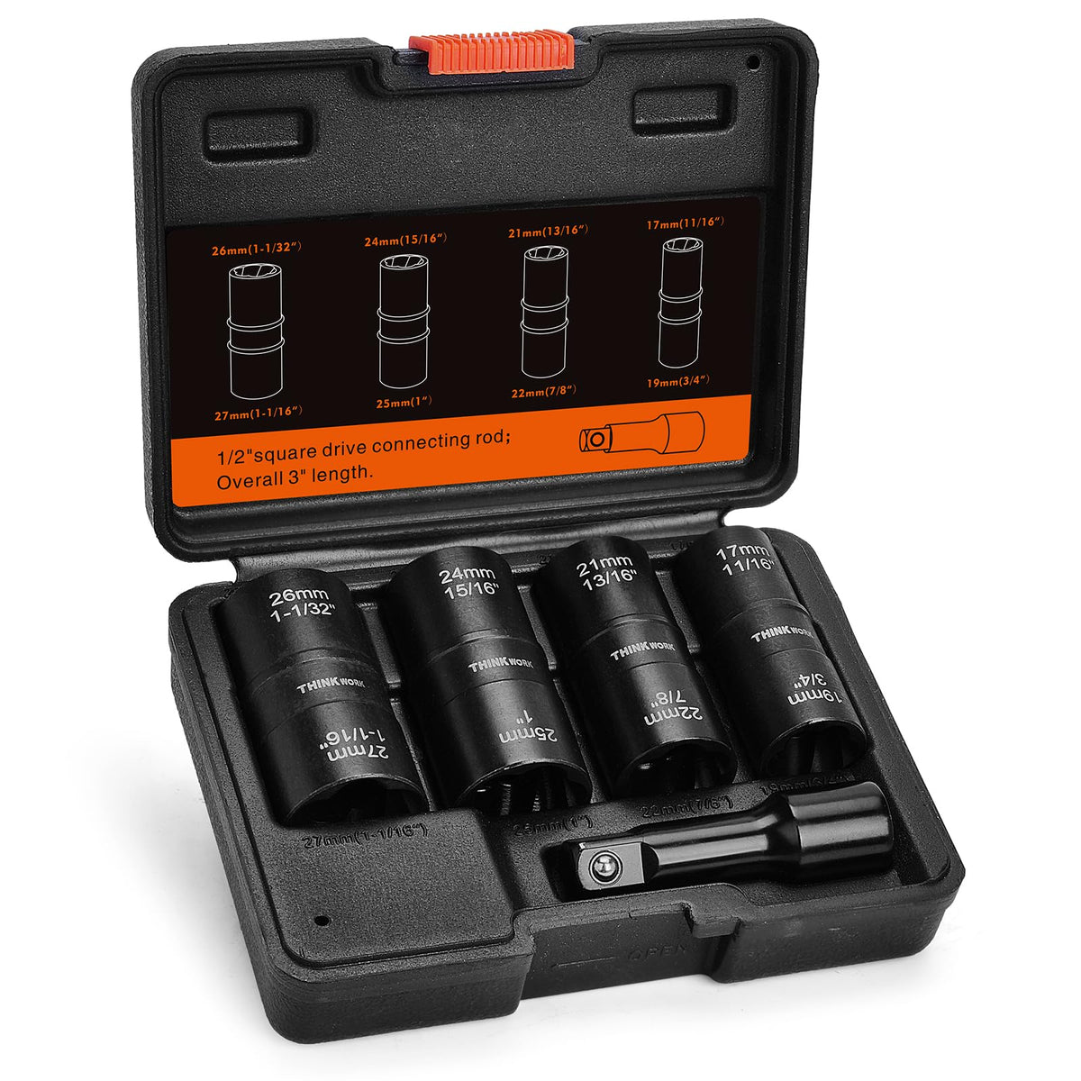 THINKWORK front view of 5-piece lug nut extractor set showing compact case and sizes