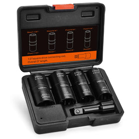 THINKWORK front view of 5-piece lug nut extractor set showing compact case and sizes
