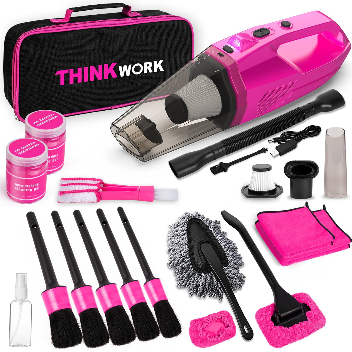 THINKWORK front packaging showing full pink detailing kit and included tools for organized storage