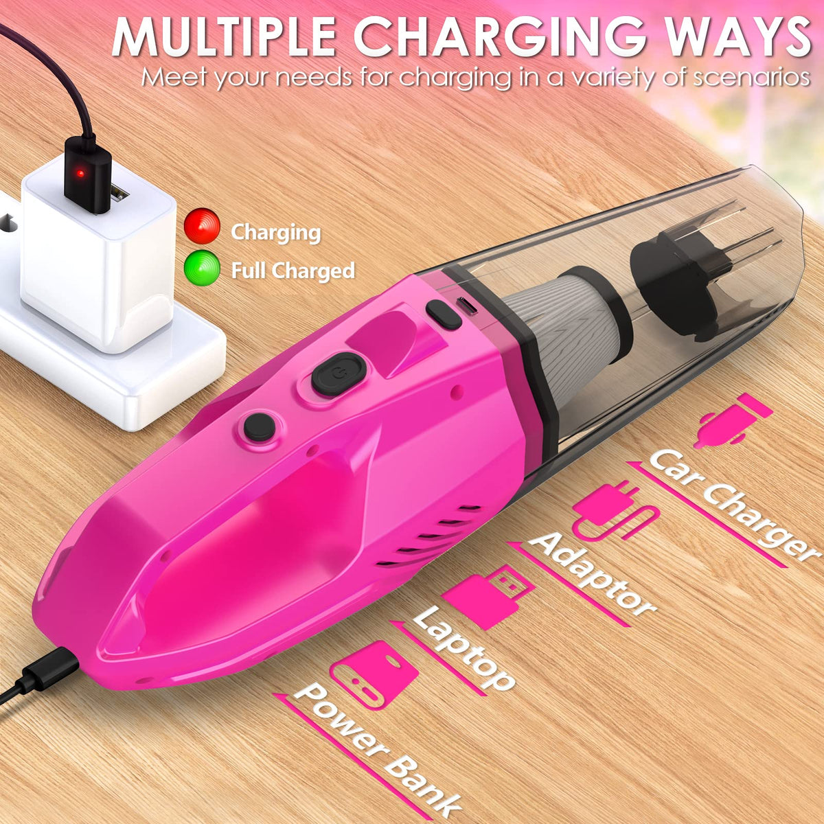 THINKWORK cordless handheld vacuum closeup illustrating 8000PA motor and USB charging convenience