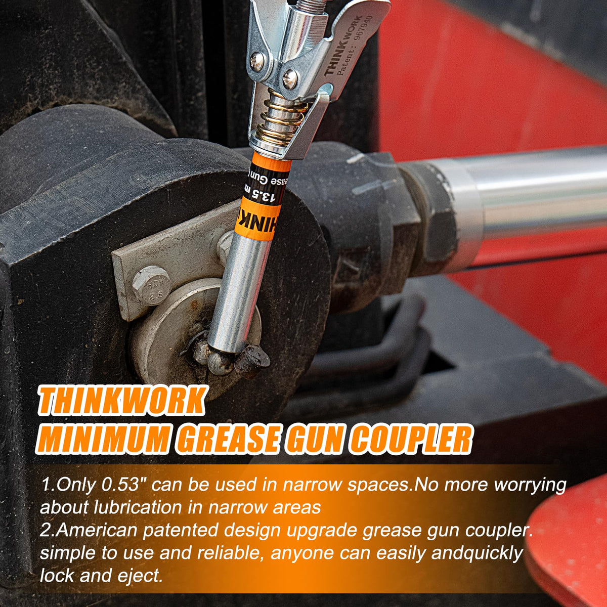 THINKWORK coupler beside ruler showing over 3.5 inch reach for recessed zerks