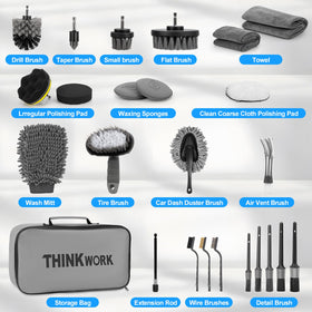 THINKWORK detailing kit in use on a car wheel showing time-saving powered brushing benefit