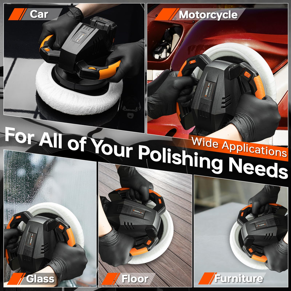 THINKWORK polisher next to a hand for size scale indicating portable balance and control
