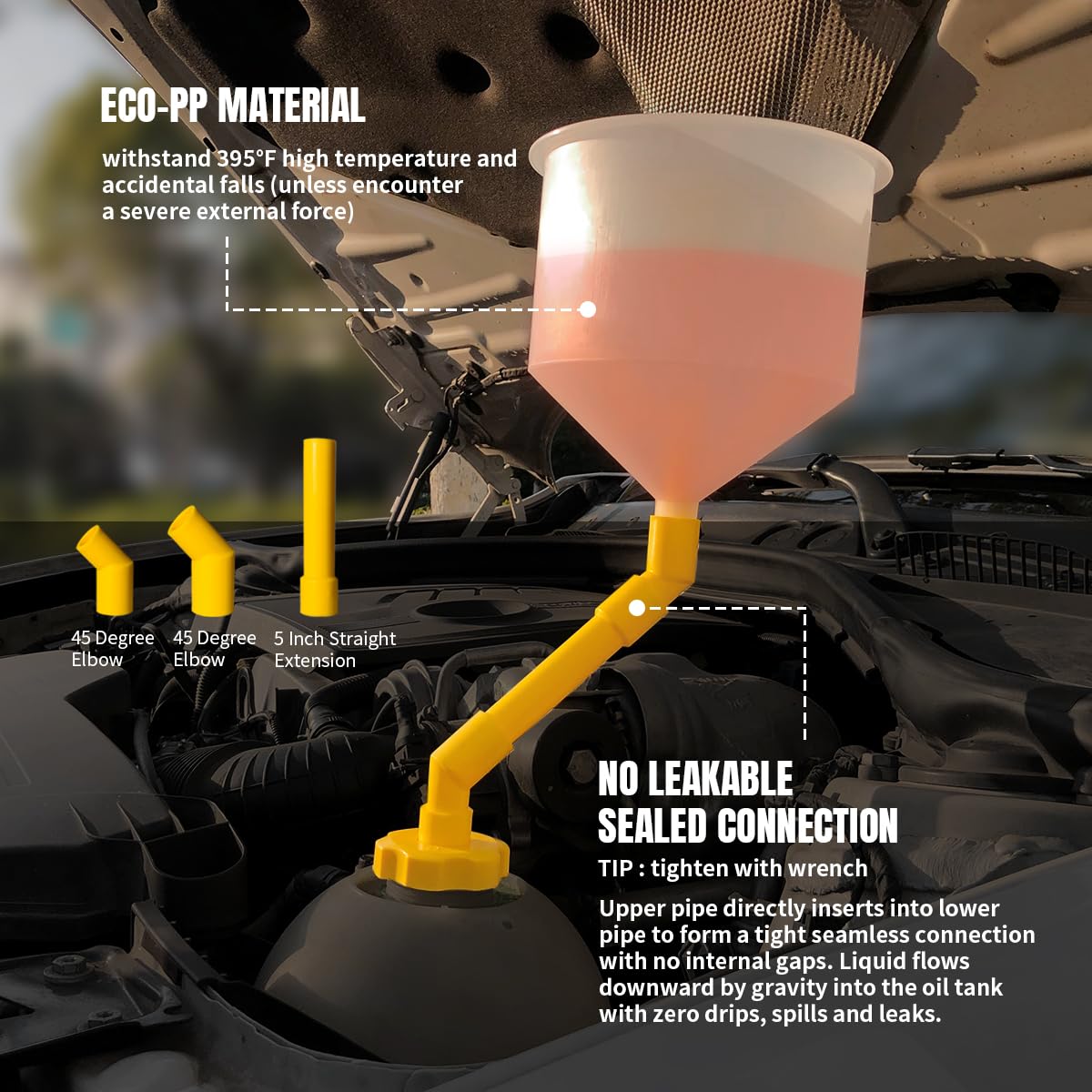 Thorstone funnel in use inside an engine bay showing spill-free refill benefit