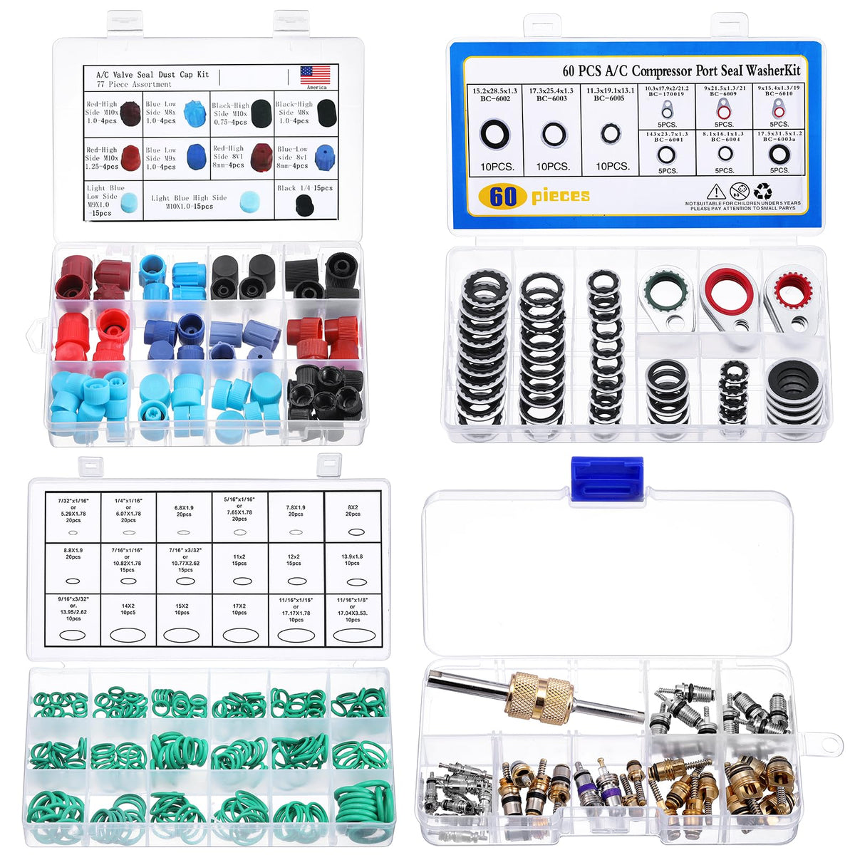 Threlaco front case open showing organized 270-piece A/C repair kit and fast selection benefit