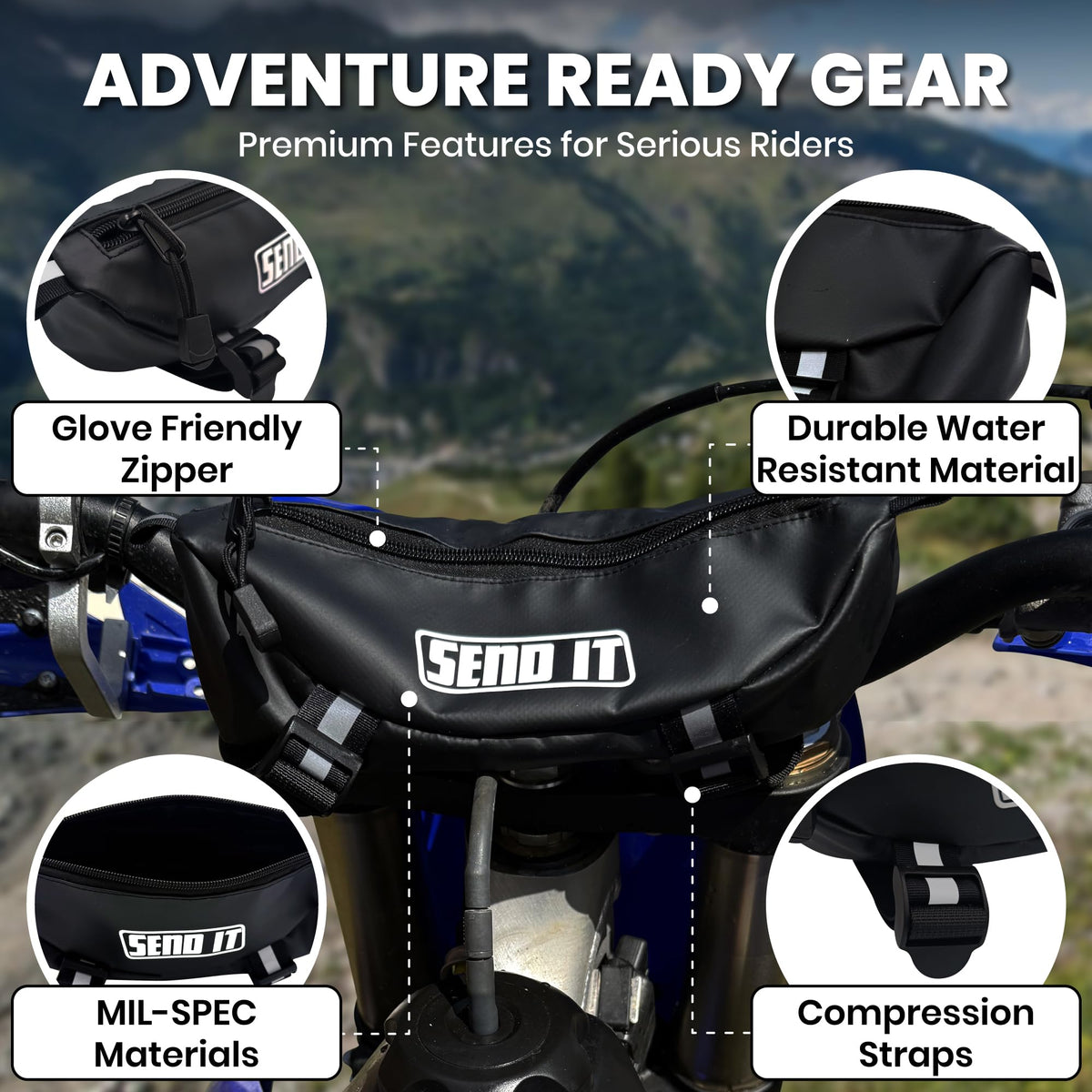 ThrottlePak mounted on a dirtbike handlebar for secure trail use