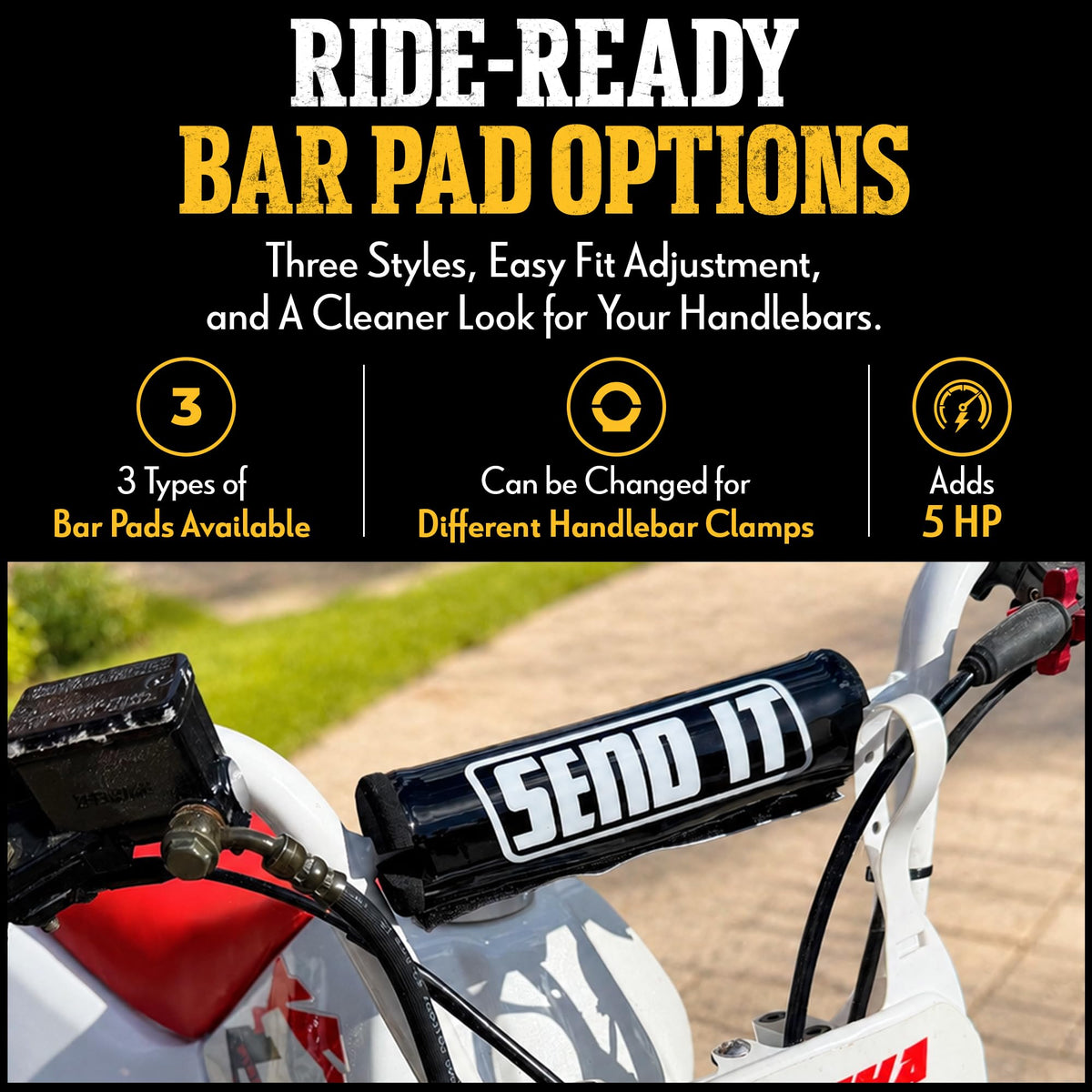 ThrottlePak lifestyle shot with pad on trail bike conveying rugged style and protection