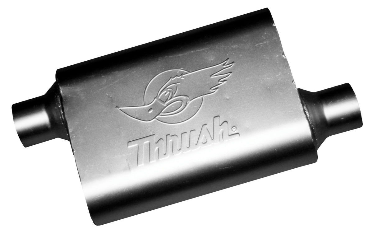 Thrush muffler front view showing painted silver finish and embossed logo for attractive appearance