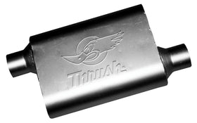 Thrush muffler front view showing painted silver finish and embossed logo for attractive appearance