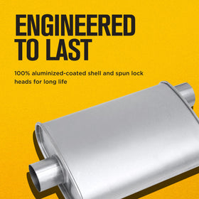 Thrush muffler weld and label detail showing corrosion-resistant shell