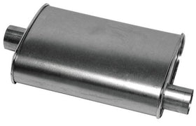 Thrush muffler front view showing oval body and inlet, highlights flow