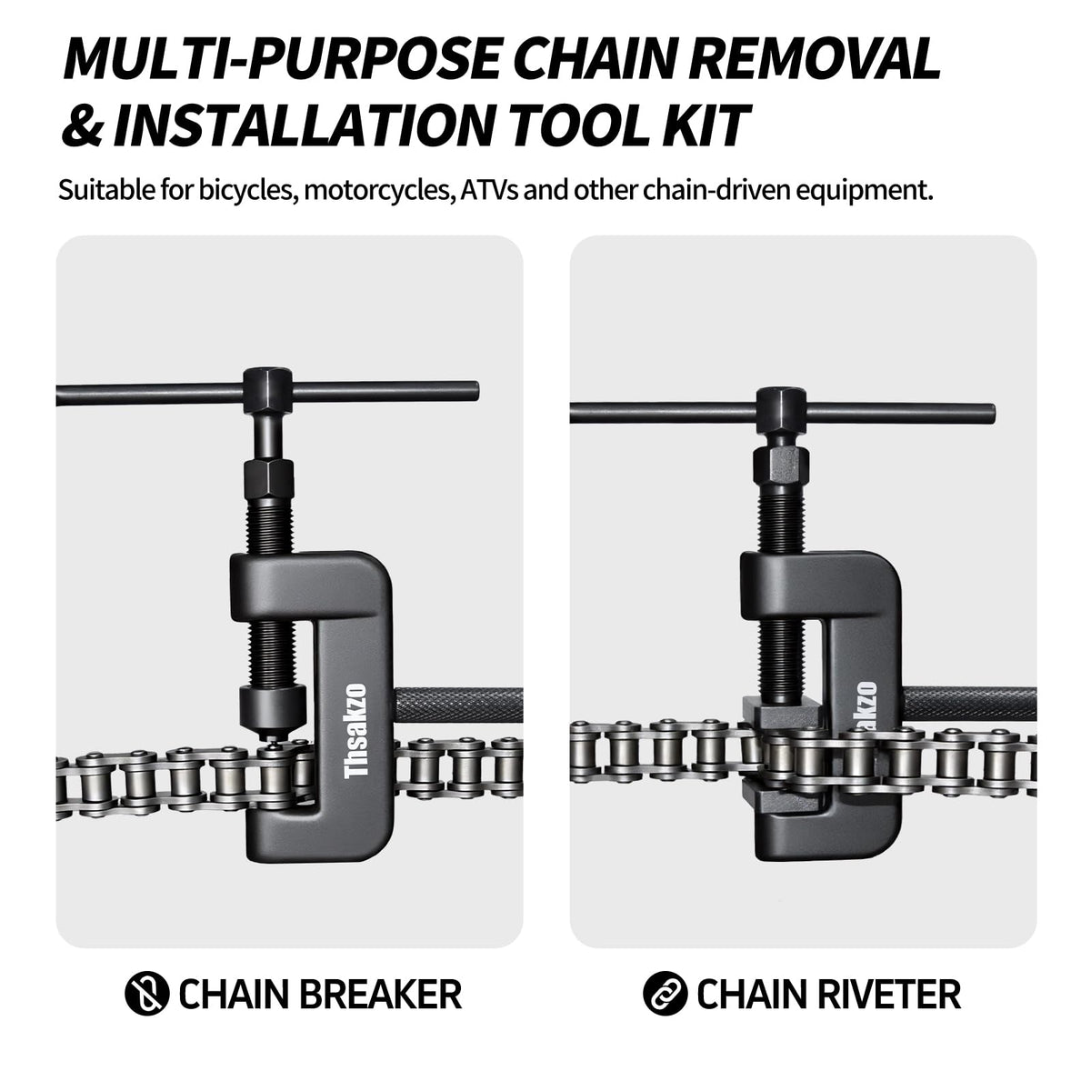 Thsakzo tool removing a motorcycle chain pin for on-trail repairs