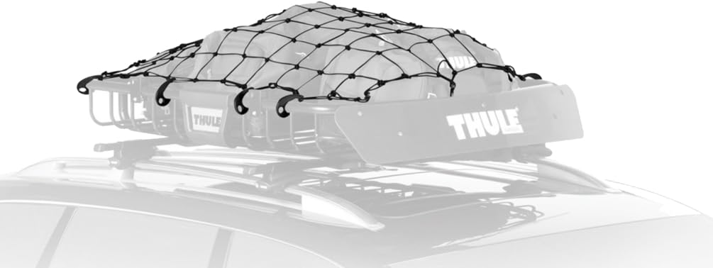 Thule cargo net on rooftop basket securing luggage and preventing movement