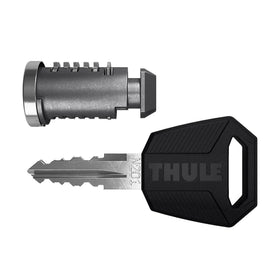 Thule Comfort Key inserted into a roof rack lock demonstrating easy grip and convenient single-key access