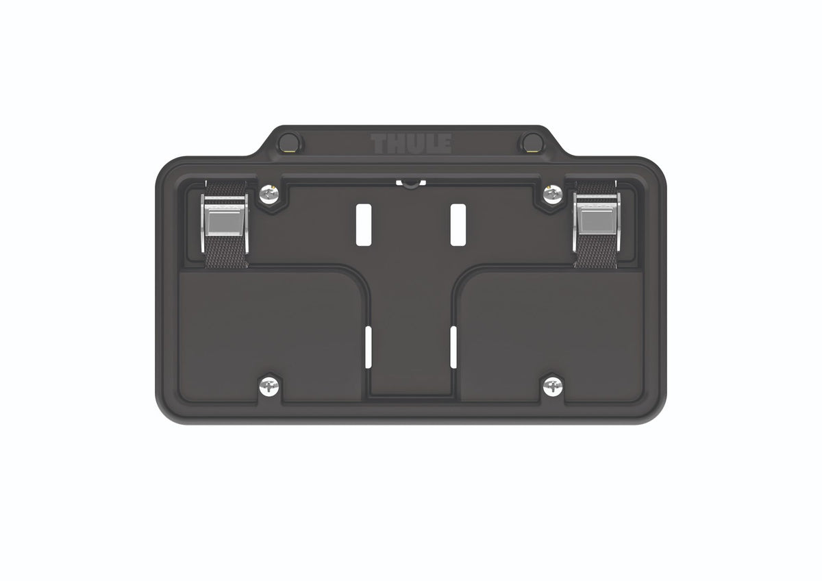 Thule license plate holder mounted on a hanging hitch rack showing versatile compatibility benefit