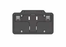 Thule license plate holder mounted on a hanging hitch rack showing versatile compatibility benefit