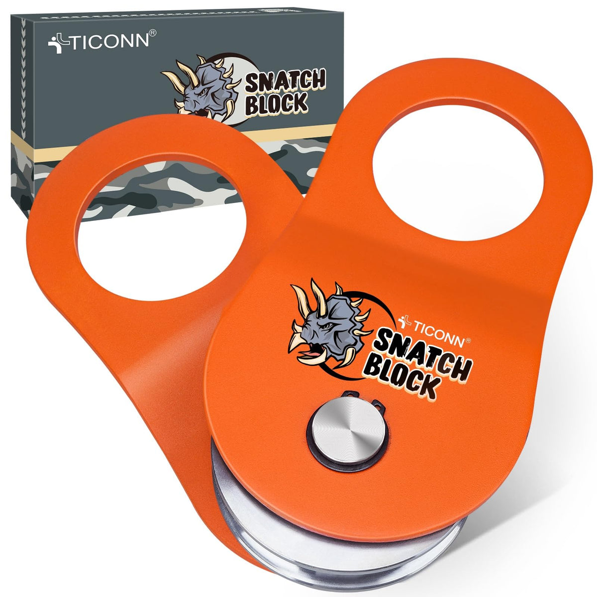 TICONN front view of snatch block showing robust steel body and latch benefit: reliable anchor