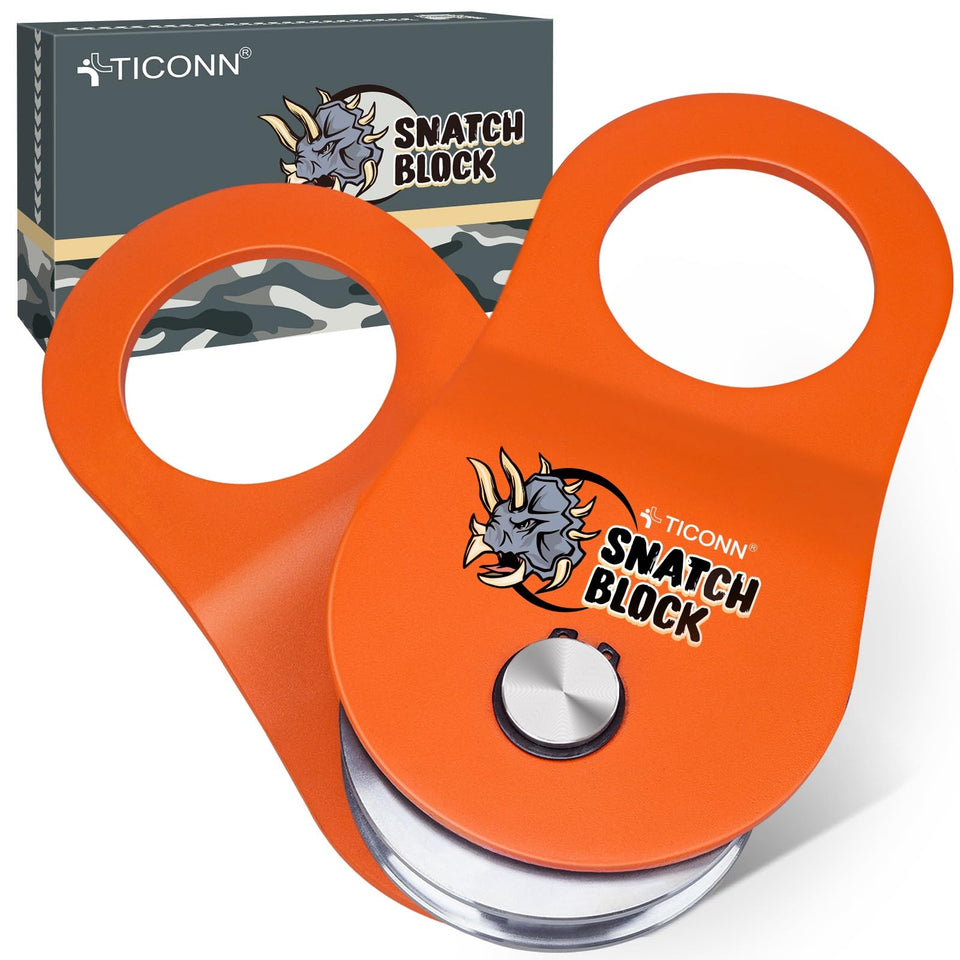 TICONN front view of snatch block showing robust steel body and latch benefit: reliable anchor