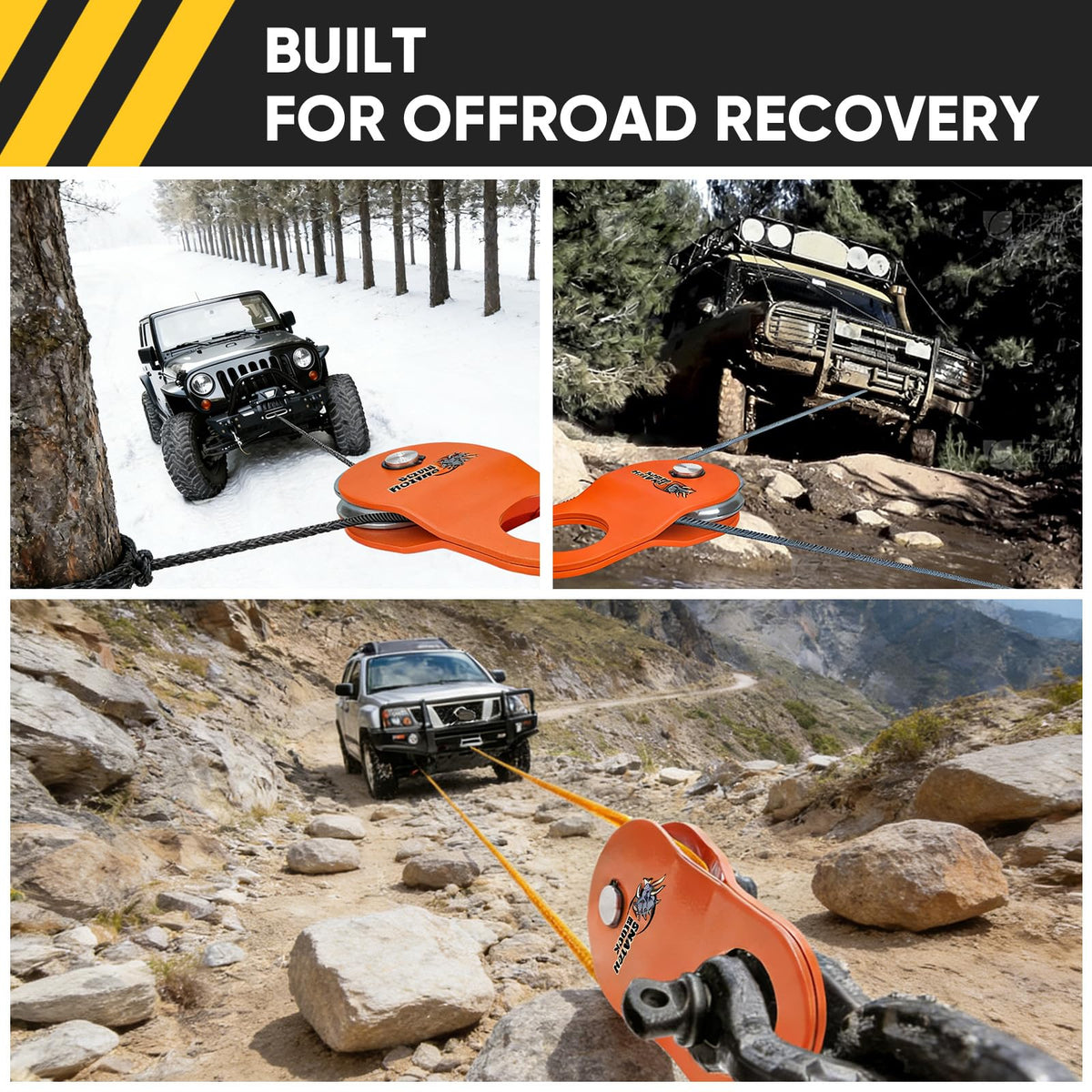 TICONN snatch block staged on muddy trail with truck benefit: ready for offroad rescue