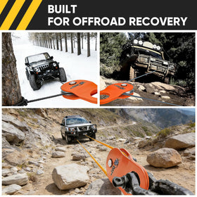 TICONN snatch block staged on muddy trail with truck benefit: ready for offroad rescue