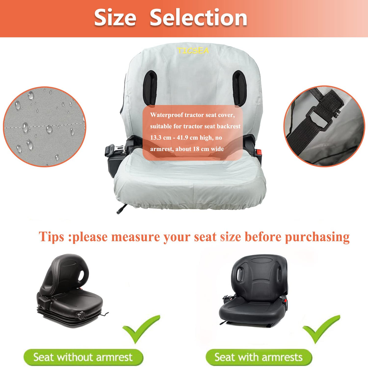 TICSEA cover beside measuring tape showing size fit for Toyota-style backrests