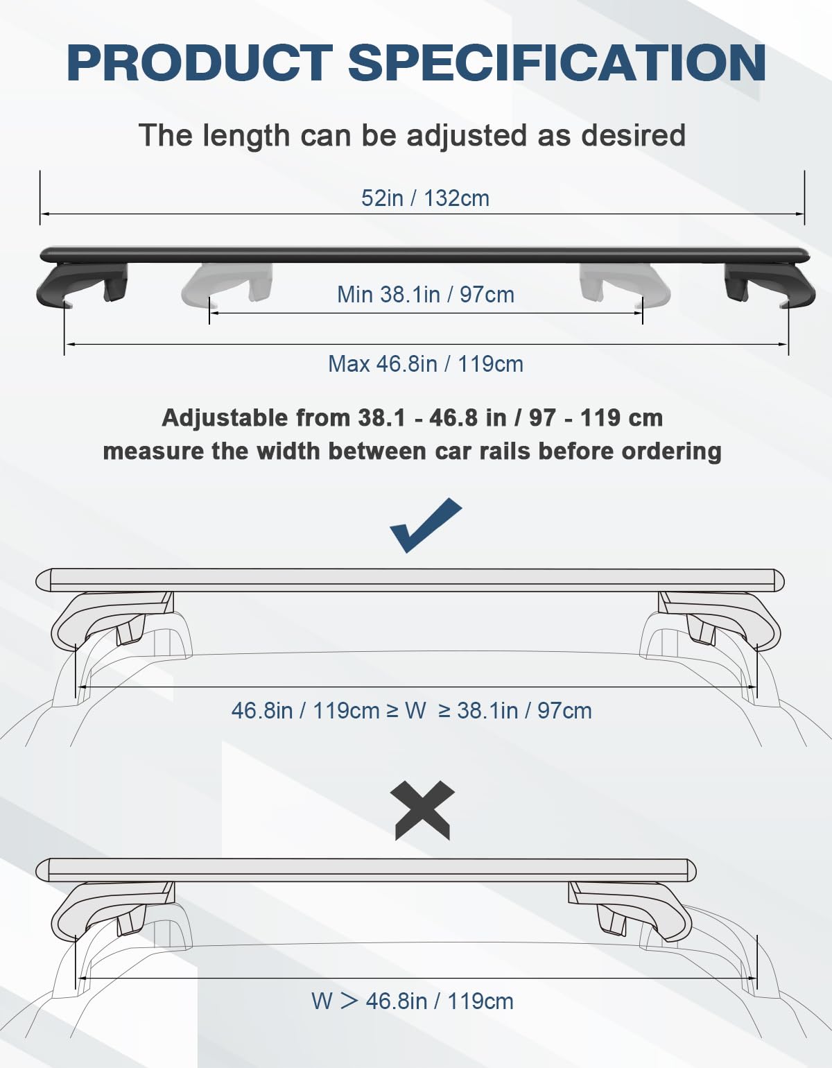 TideFree bars with ruler size comparison showing 52 inch length for proper planning