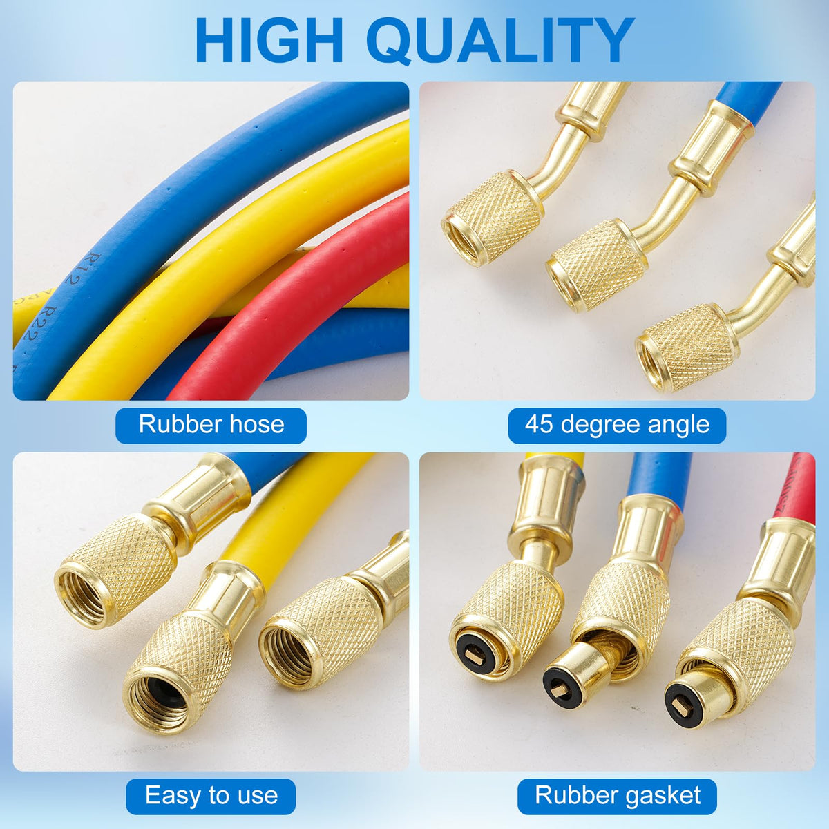 Tigbear red, blue and yellow hoses laid out to show color-coded hookup benefit for fast setup