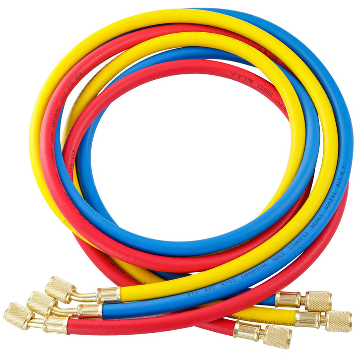 Tigbear front view of three 5ft hoses showing color coding and fittings for easy identification