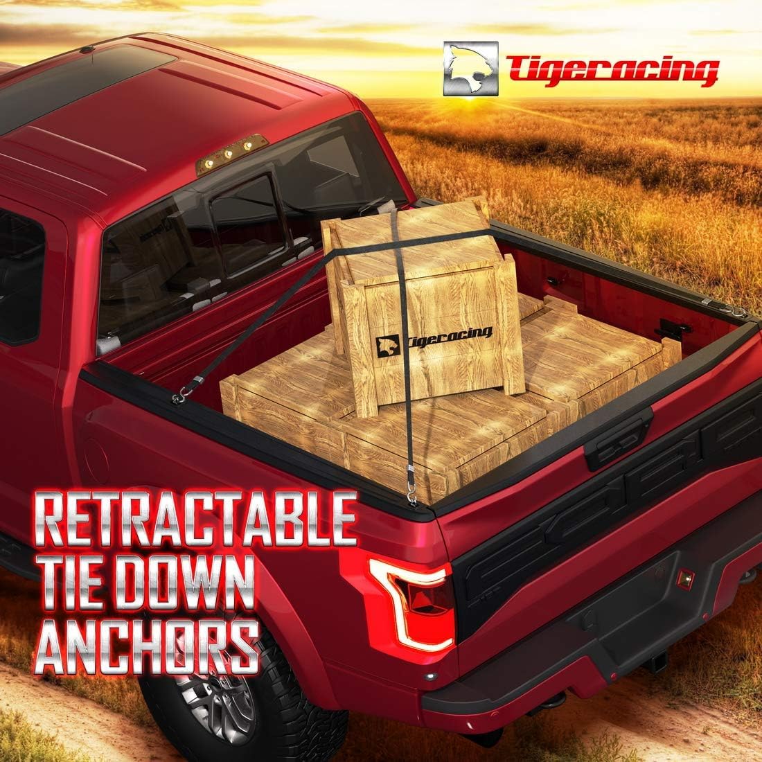 Tigeracing lifestyle shot showing multiple anchors securing a loaded truck bed
