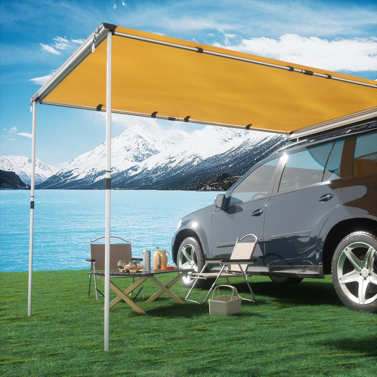 TIMBER RIDGE awning front mounted on SUV showing quick shelter benefit