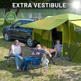TIMBER RIDGE awning covering coolers and shoes for dry storage