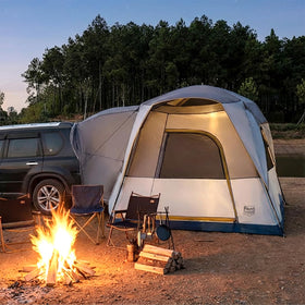 TIMBER RIDGE tent attached to SUV showing secure weatherproof connection