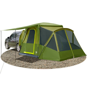 TIMBER RIDGE front view attached to SUV showing shelter and easy access