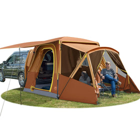 TIMBER RIDGE front view attached to SUV showing covered access and convenience