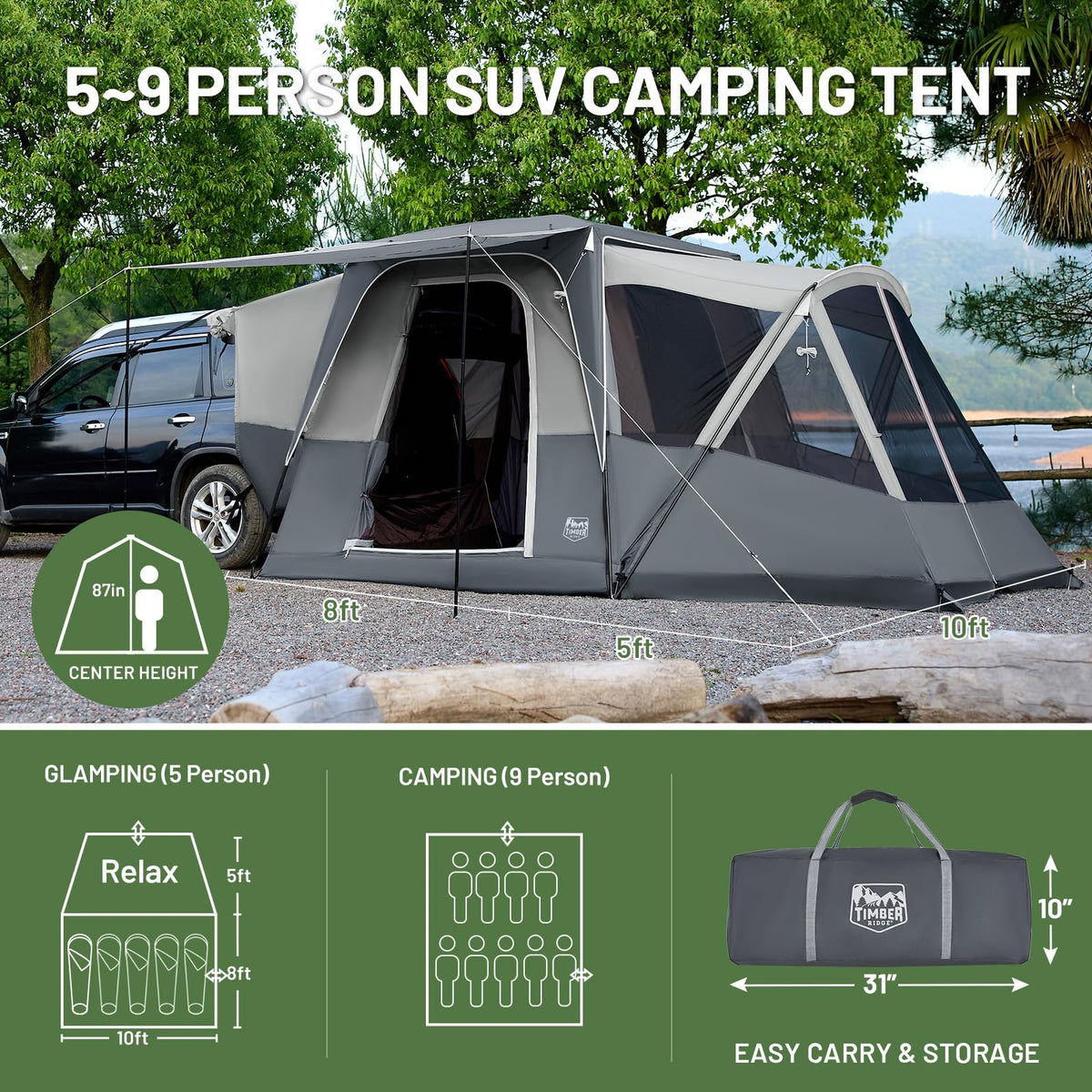 TIMBER RIDGE lifestyle image at campsite with family, illustrates practical outdoor use