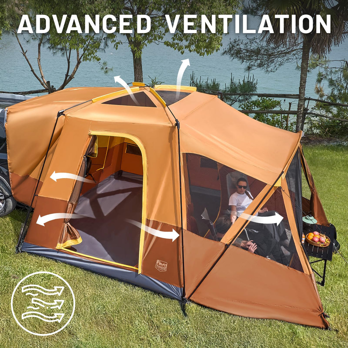 TIMBER RIDGE family using tent in campsite highlighting practical living space
