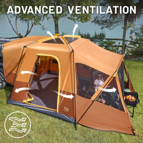 TIMBER RIDGE family using tent in campsite highlighting practical living space