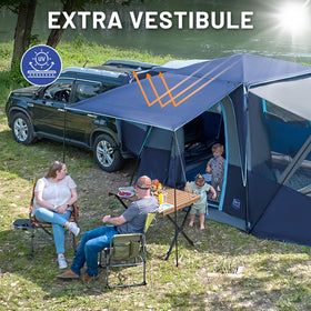 TIMBER RIDGE awning in use providing dry entry and shade