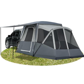 TIMBER RIDGE front view of SUV tent showing full shelter and entrance, increases campsite convenience