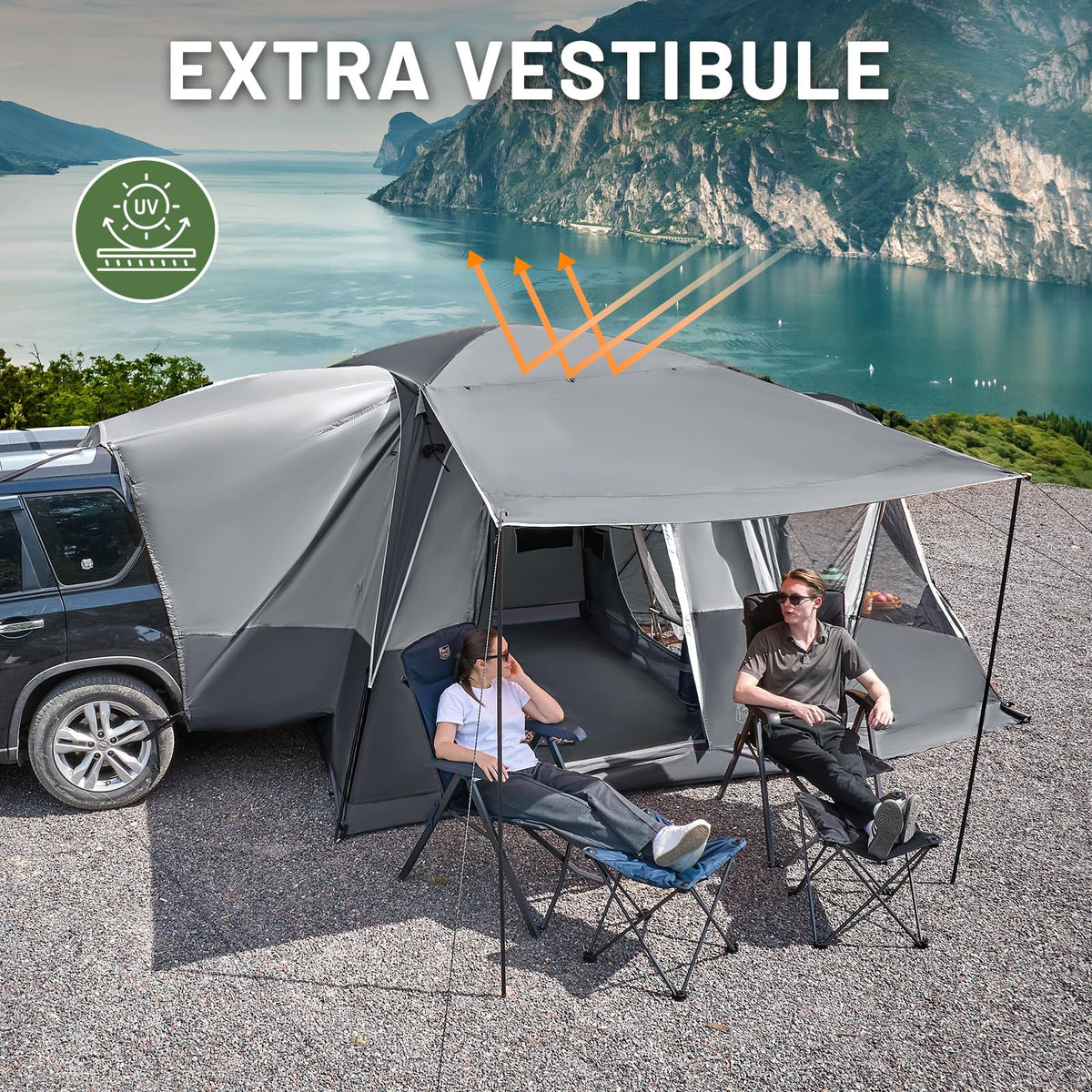 TIMBER RIDGE tent attached to vehicle tailgate, keeps storage dry and eases access
