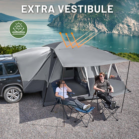 TIMBER RIDGE tent attached to vehicle tailgate, keeps storage dry and eases access