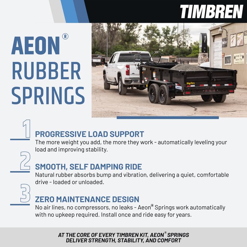 Timbren product label and spec plate close-up confirming rated 8,600 lb support benefit