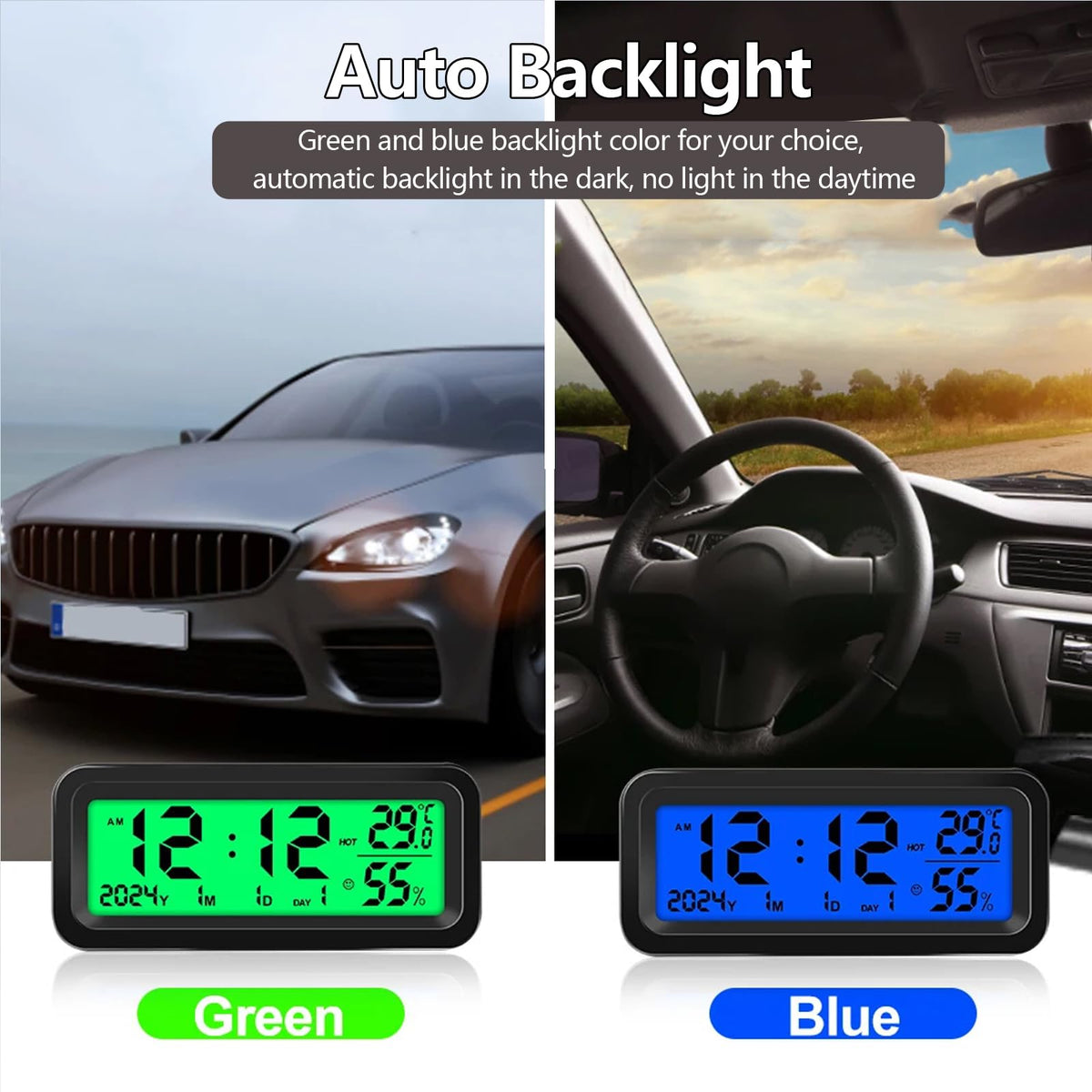 Timloon clock lit with green backlight at night enhancing dashboard visibility