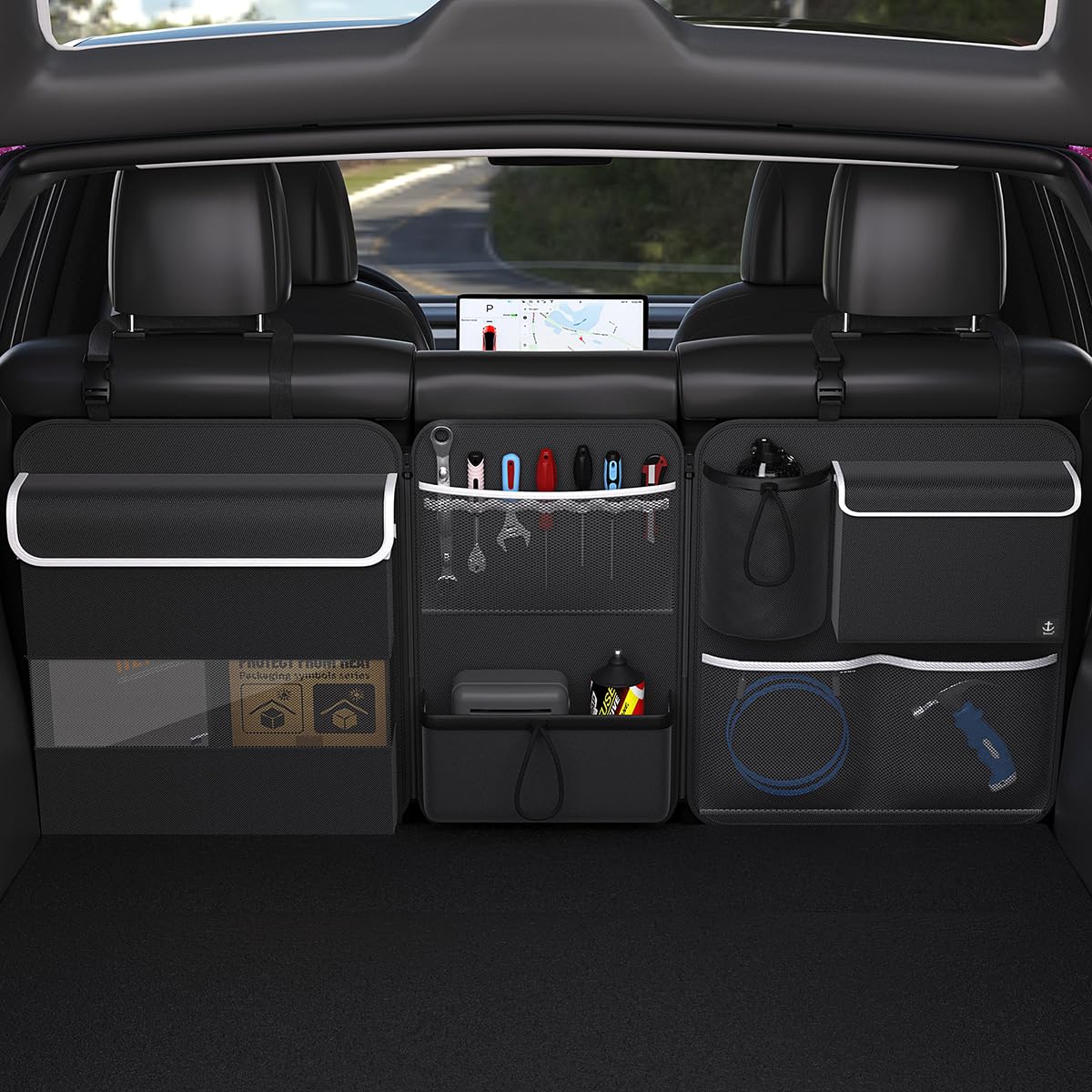 Timoxi front view organizer showing seven pockets and clean storage benefits