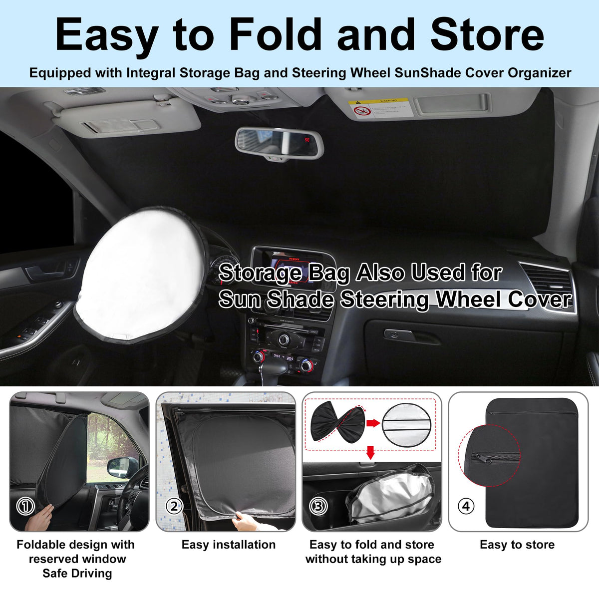TINGLU folded shades in storage bag plus steering cover, compact organization benefit