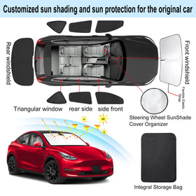 TINGLU shades installed in Model Y Juniper side windows demonstrating privacy and heat reduction