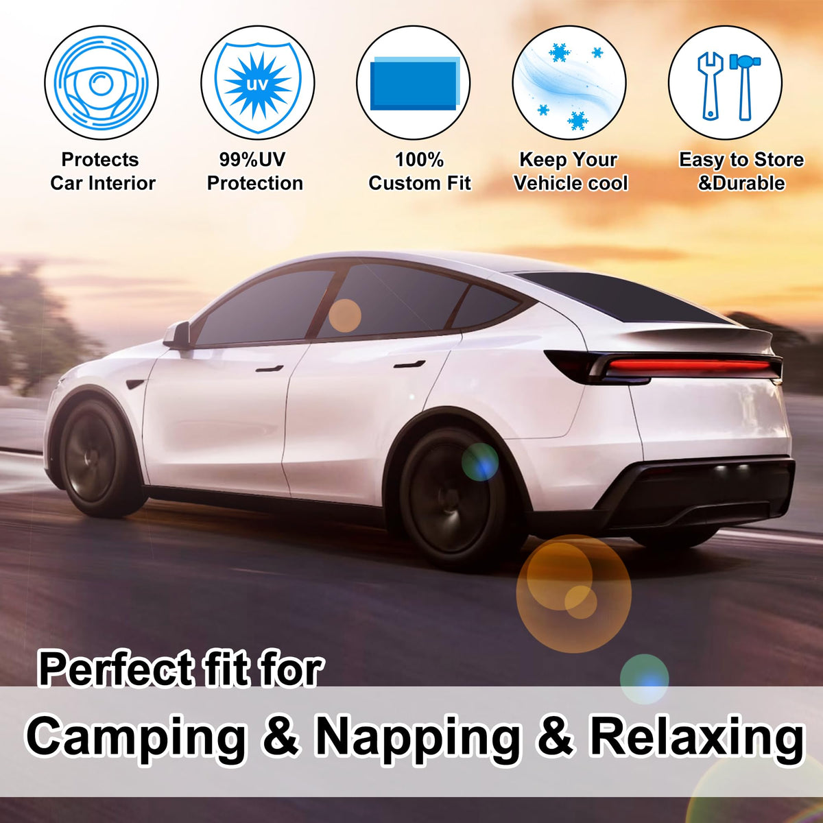 TINGLU shaded Model Y interior during camping illustrating comfortable private rest environment