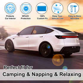 TINGLU shaded Model Y interior during camping illustrating comfortable private rest environment