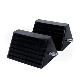 Tiousmoky front view of two chocks showing compact, durable design and storage benefit