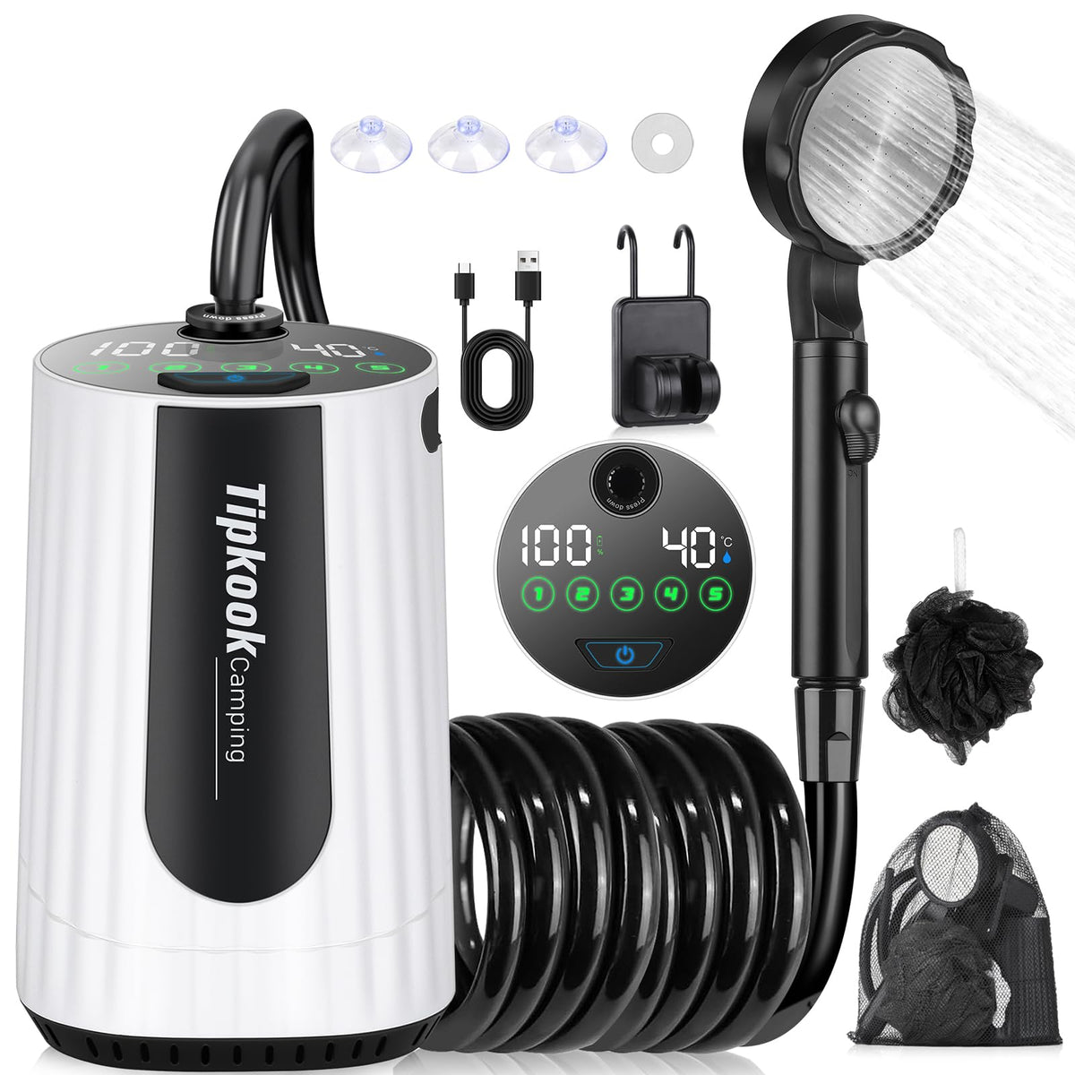Tipkook front packaging view showing complete portable shower kit and convenience